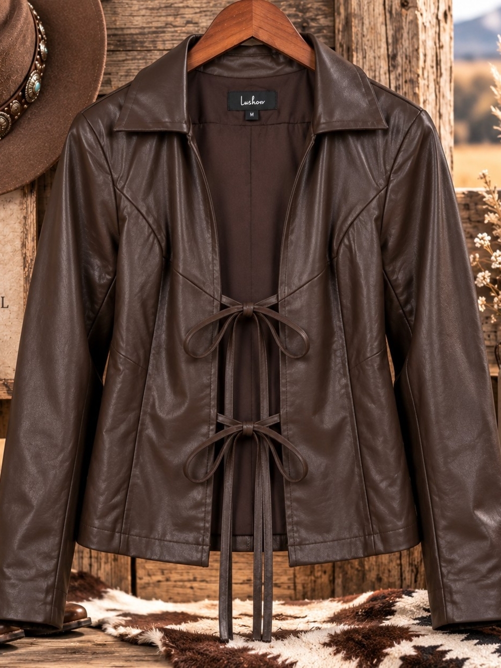 Lulus M Chocolate Brown Faux Leather Tie Front Jacket Western Boho Y2K